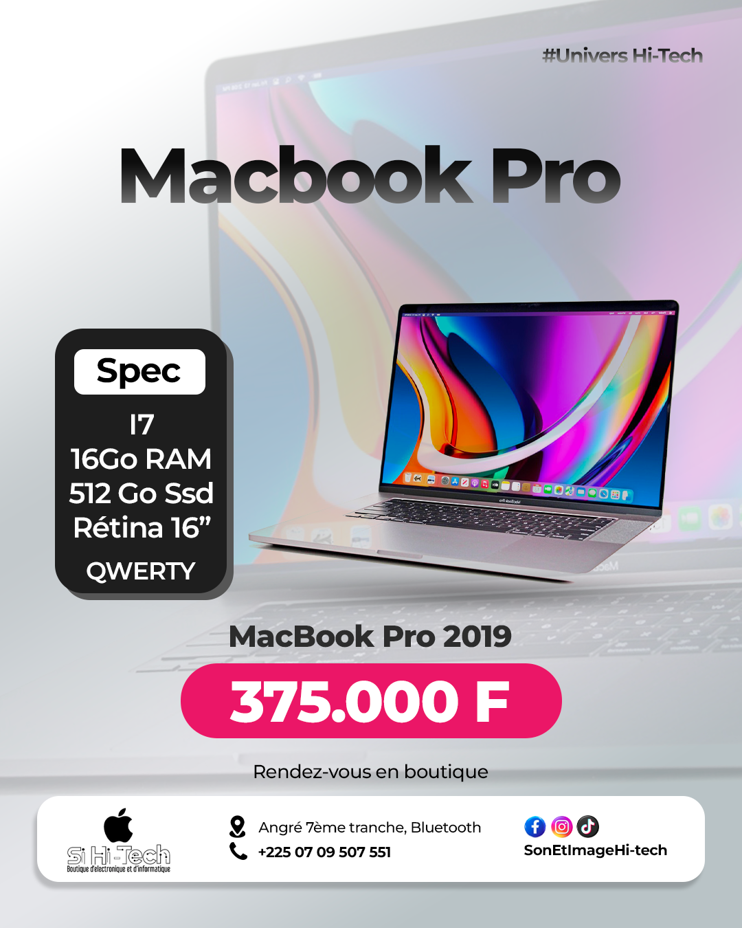 MacBook Pro Core i7 - 2019 - 16Go/512Go - Retina 16" - Clavier QWERTY