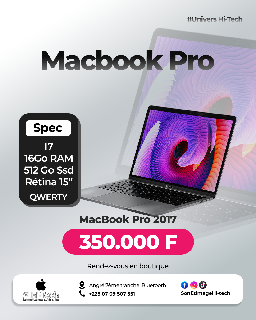 MacBook Pro Core i7 - 2017 - 16Go/512Go - Retina 15" - Clavier QWERTY